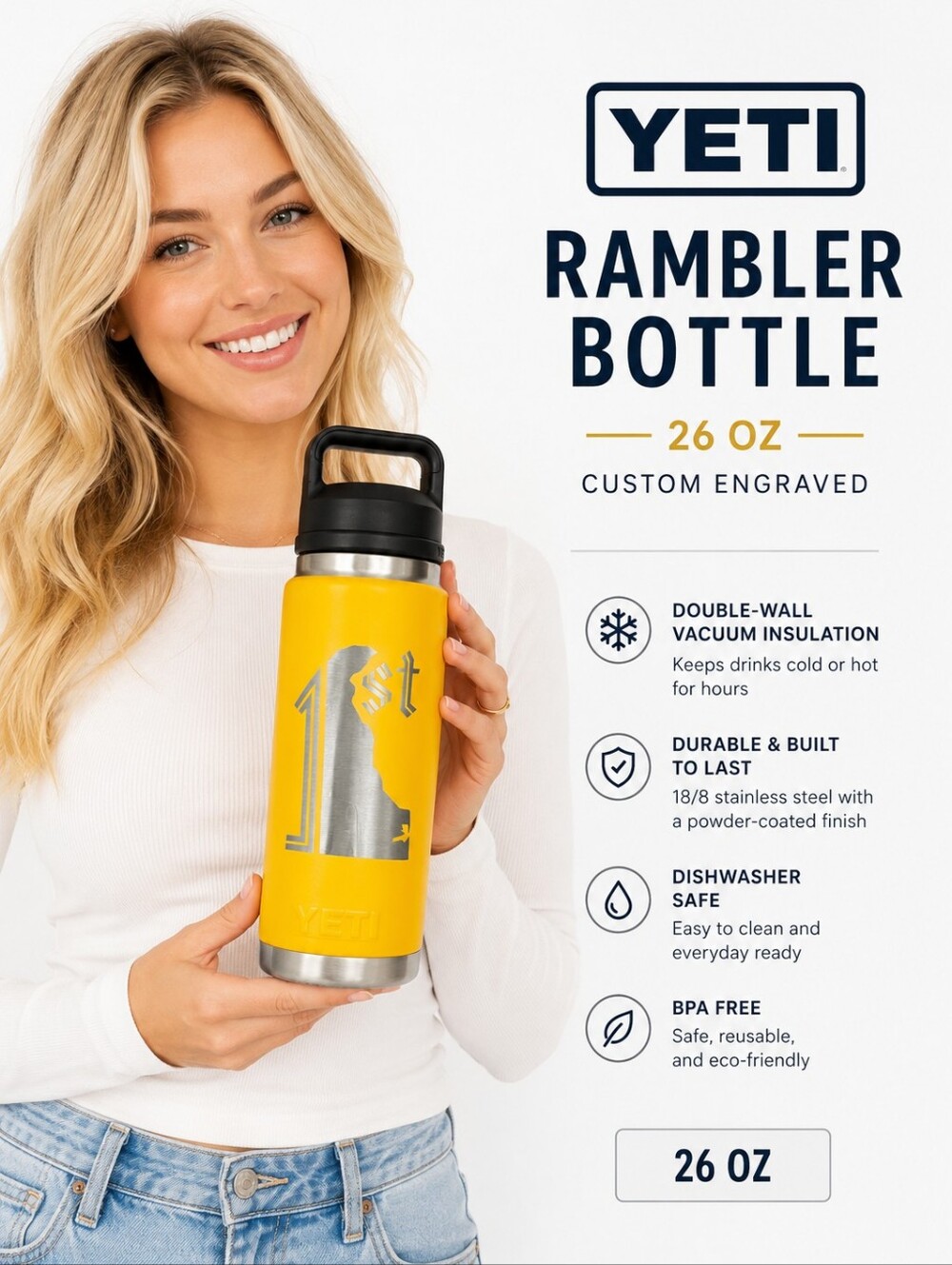 YETI Rambler 26oz Bottle | Custom Engraved Delaware Design | Yellow